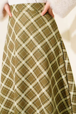 Bel Lastikli Ekoseli Scuba Etek Yağ Yeşili - Etek