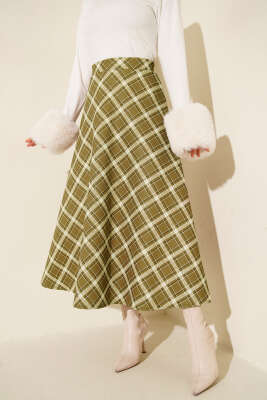 Bel Lastikli Ekoseli Scuba Etek Yağ Yeşili - TEGOE