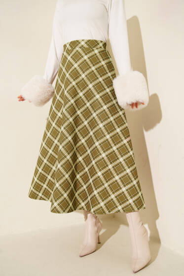 Bel Lastikli Ekoseli Scuba Etek Yağ Yeşili - Günün Seçilenleri