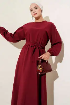 Bel Lastikli Elbise Bordo - Elbise