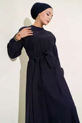Bel Lastikli Elbise Lacivert - Tesettür Elbise