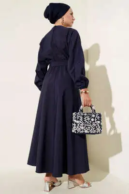 Bel Lastikli Elbise Lacivert - Tesettür Elbise
