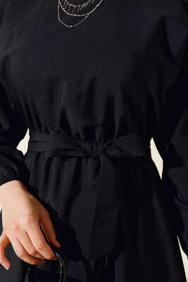 Bel Lastikli Elbise Siyah - Tesettür Elbise