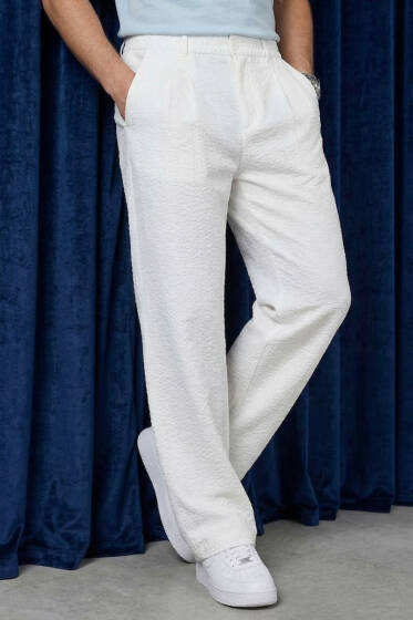 Bel Lastikli Erkek Keten Pantolon Beyaz - Erkek Pantolon