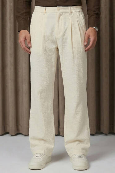 Bel Lastikli Erkek Keten Pantolon Kemik - Erkek Pantolon