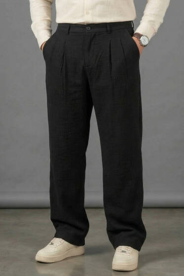 Bel Lastikli Erkek Keten Pantolon Siyah - Erkek Pantolon