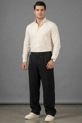 Bel Lastikli Erkek Keten Pantolon Siyah - Erkek Pantolon