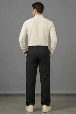 Bel Lastikli Erkek Keten Pantolon Siyah - Erkek Pantolon