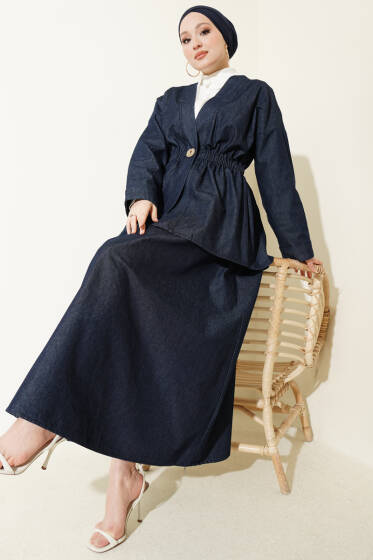 Bel Lastikli Etekli Kimono Kot İkili Takım Lacivert - İkili Takım