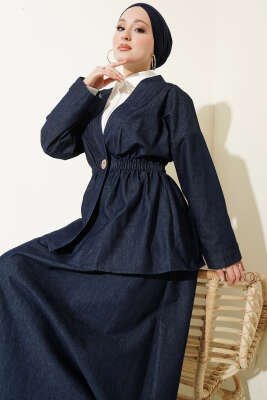 Bel Lastikli Etekli Kimono Kot İkili Takım Lacivert - İkili Takım