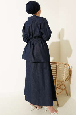 Bel Lastikli Etekli Kimono Kot İkili Takım Lacivert - İkili Takım
