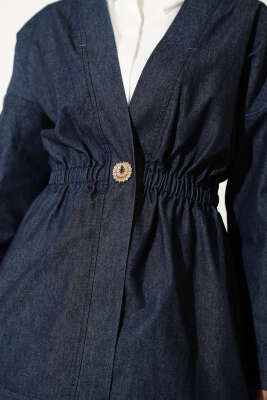 Bel Lastikli Etekli Kimono Kot İkili Takım Lacivert - İkili Takım