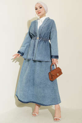 Bel Lastikli Etekli Kimono Kot İkili Takım Mavi - VAV TEKSTİL