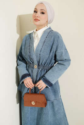 Bel Lastikli Etekli Kimono Kot İkili Takım Mavi - İkili Takım