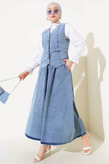 Bel Lastikli Etekli Yelekli Kot Takım Kot Mavisi - İkili Takım