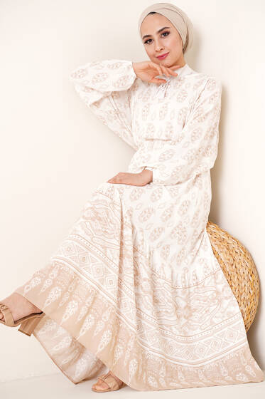 Bel Lastikli Etnik Desenli Elbise Camel - Tesettür Elbise