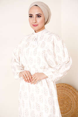 Bel Lastikli Etnik Desenli Elbise Camel - Tesettür Elbise