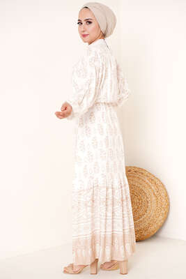 Bel Lastikli Etnik Desenli Elbise Camel - Tesettür Elbise