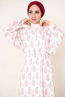 Bel Lastikli Etnik Desenli Elbise Gül Kurusu - Tesettür Elbise