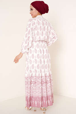 Bel Lastikli Etnik Desenli Elbise Gül Kurusu - Tesettür Elbise