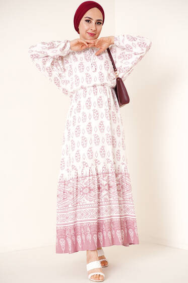 Bel Lastikli Etnik Desenli Elbise Gül Kurusu - Tesettür Elbise