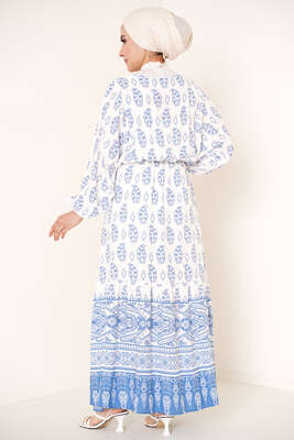 Bel Lastikli Etnik Desenli Elbise İndigo - Tesettür Elbise