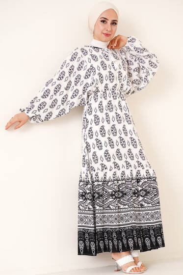 Bel Lastikli Etnik Desenli Elbise Siyah - Tesettür Elbise