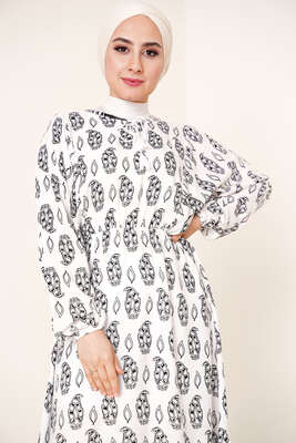 Bel Lastikli Etnik Desenli Elbise Siyah - Tesettür Elbise