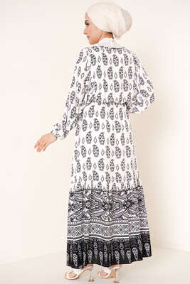 Bel Lastikli Etnik Desenli Elbise Siyah - Tesettür Elbise