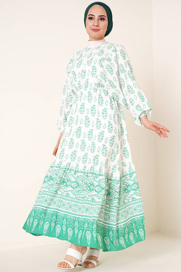 Bel Lastikli Etnik Desenli Elbise Yeşil - Tesettür Elbise