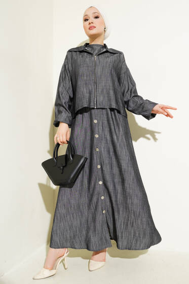 Bel Lastikli Fermuarlı Jile Elbise Takım Füme - İkili Takım