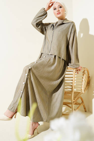 Bel Lastikli Fermuarlı Jile Elbise Takım Vizon - İkili Takım