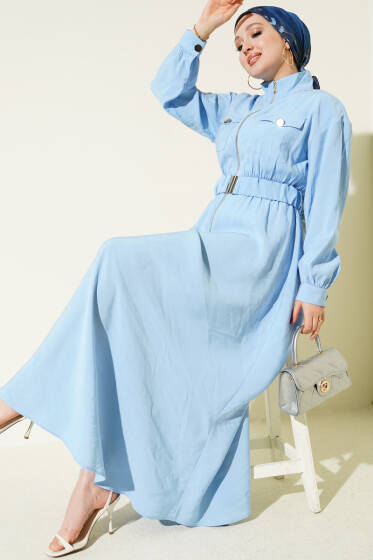 Bel Lastikli Fermuarlı Tensel Elbise Bebe Mavi - Elbise