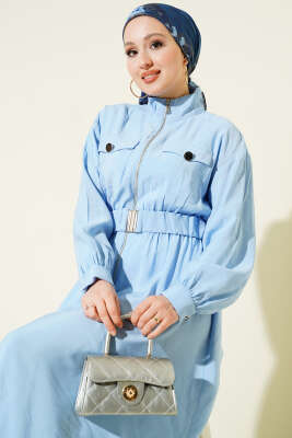 Bel Lastikli Fermuarlı Tensel Elbise Bebe Mavi - Elbise