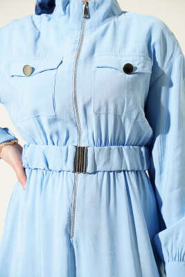 Bel Lastikli Fermuarlı Tensel Elbise Bebe Mavi - Elbise