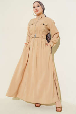 Bel Lastikli Fermuarlı Tensel Elbise Bej - BERAT TEKSTİL