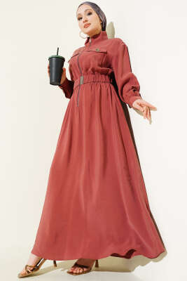 Bel Lastikli Fermuarlı Tensel Elbise Gül Kurusu - BERAT TEKSTİL