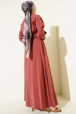 Bel Lastikli Fermuarlı Tensel Elbise Gül Kurusu - Elbise