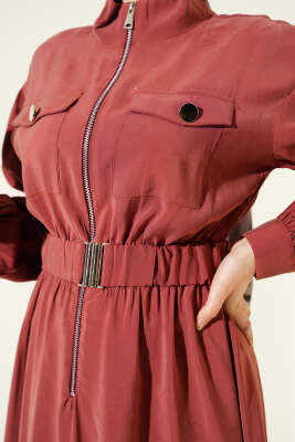 Bel Lastikli Fermuarlı Tensel Elbise Gül Kurusu - Elbise