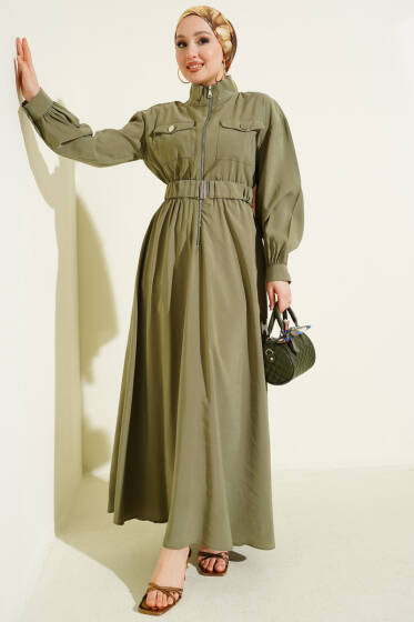 Bel Lastikli Fermuarlı Tensel Elbise Haki - Elbise
