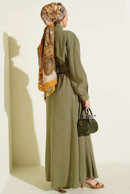 Bel Lastikli Fermuarlı Tensel Elbise Haki - Elbise