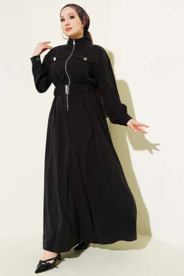 Bel Lastikli Fermuarlı Tensel Elbise Siyah - BERAT TEKSTİL