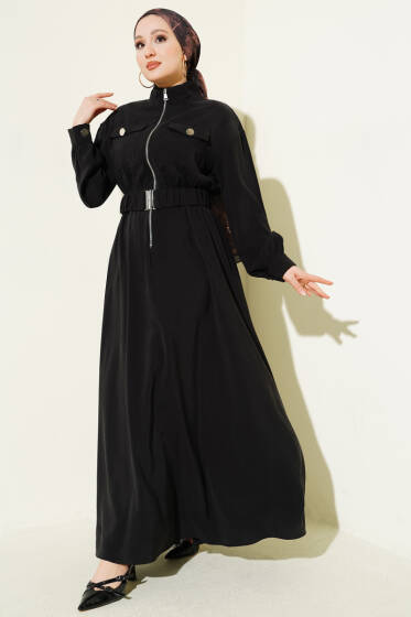 Bel Lastikli Fermuarlı Tensel Elbise Siyah - Elbise