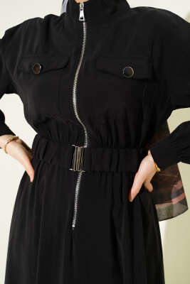 Bel Lastikli Fermuarlı Tensel Elbise Siyah - Elbise