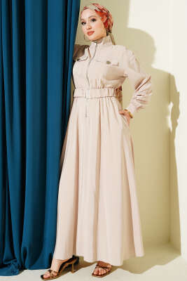 Bel Lastikli Fermuarlı Tensel Elbise Taş - BERAT TEKSTİL