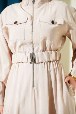 Bel Lastikli Fermuarlı Tensel Elbise Taş - Elbise