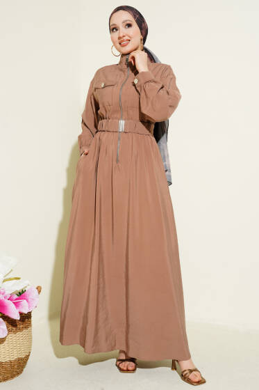 Bel Lastikli Fermuarlı Tensel Elbise Vizon - Elbise