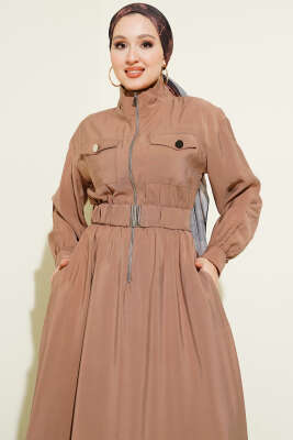 Bel Lastikli Fermuarlı Tensel Elbise Vizon - Elbise