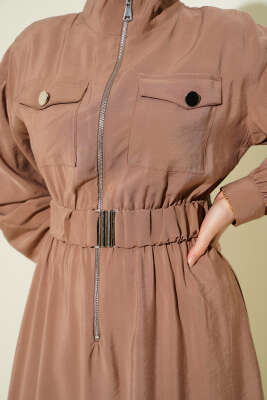 Bel Lastikli Fermuarlı Tensel Elbise Vizon - Elbise