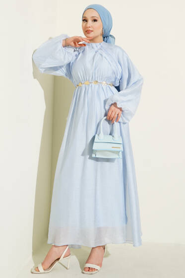 Bel Lastikli Fırfır Detaylı Elbise Bebe Mavi - Elbise